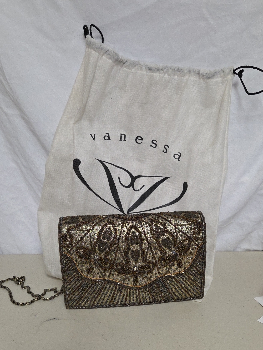 Vanessa Gold & Brown Beaded Evening Clutch with Chain